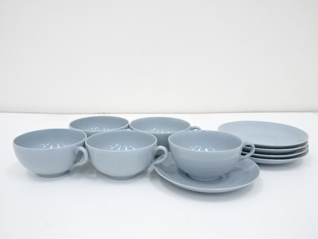 VINTAGE JAPANESE BLUE GLAZED PORCELAIN CUP & SAUCER / SET OF 4 
